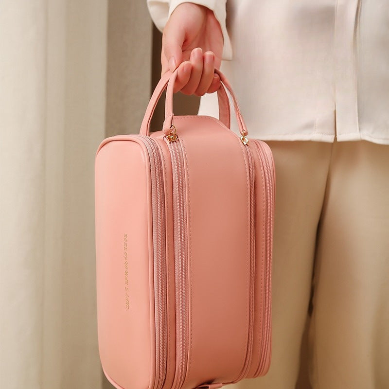 Lightweight travel toiletry bag for makeup brushes, skincare, and cosmetics